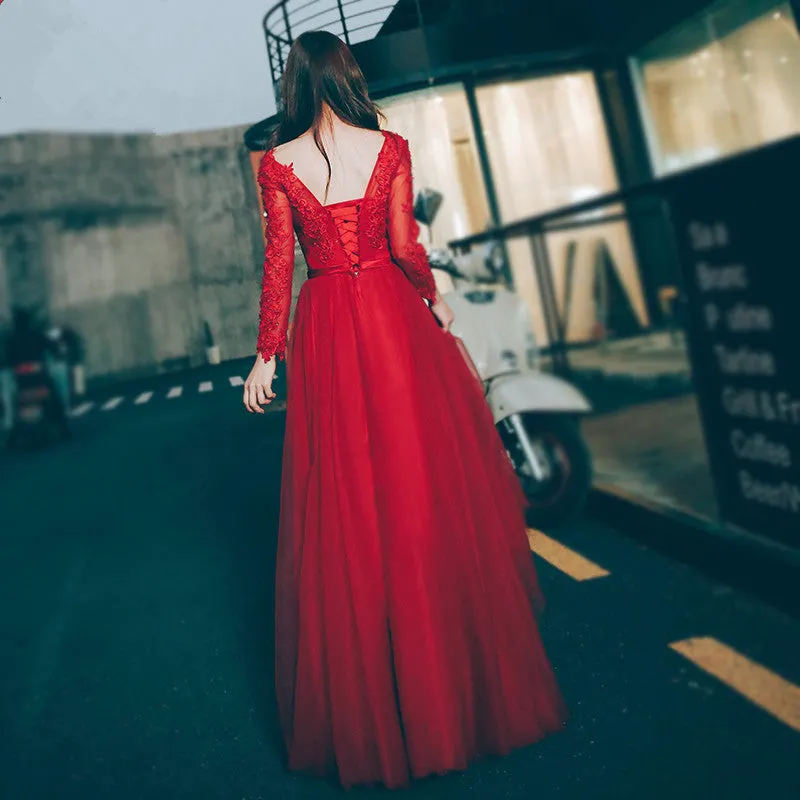 Beautiful Wine Red Long Sleeves Tulle Party Dress, Red Long Formal Gown