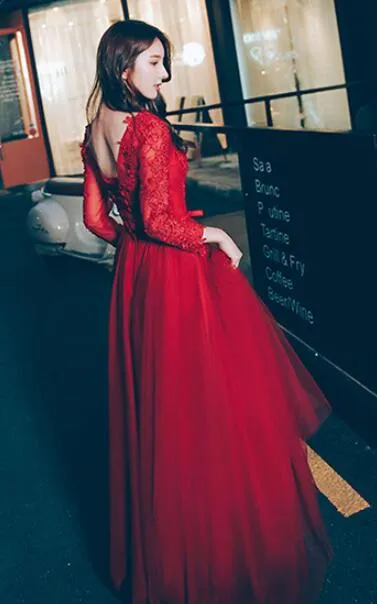 Beautiful Wine Red Long Sleeves Tulle Party Dress, Red Long Formal Gown