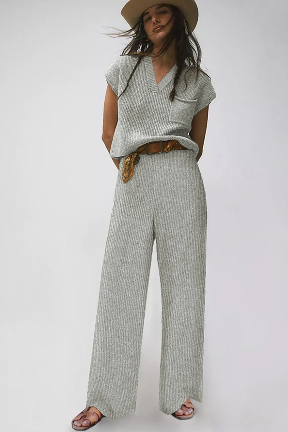 Black Knitted V Neck Sweater and Casual Pants Set