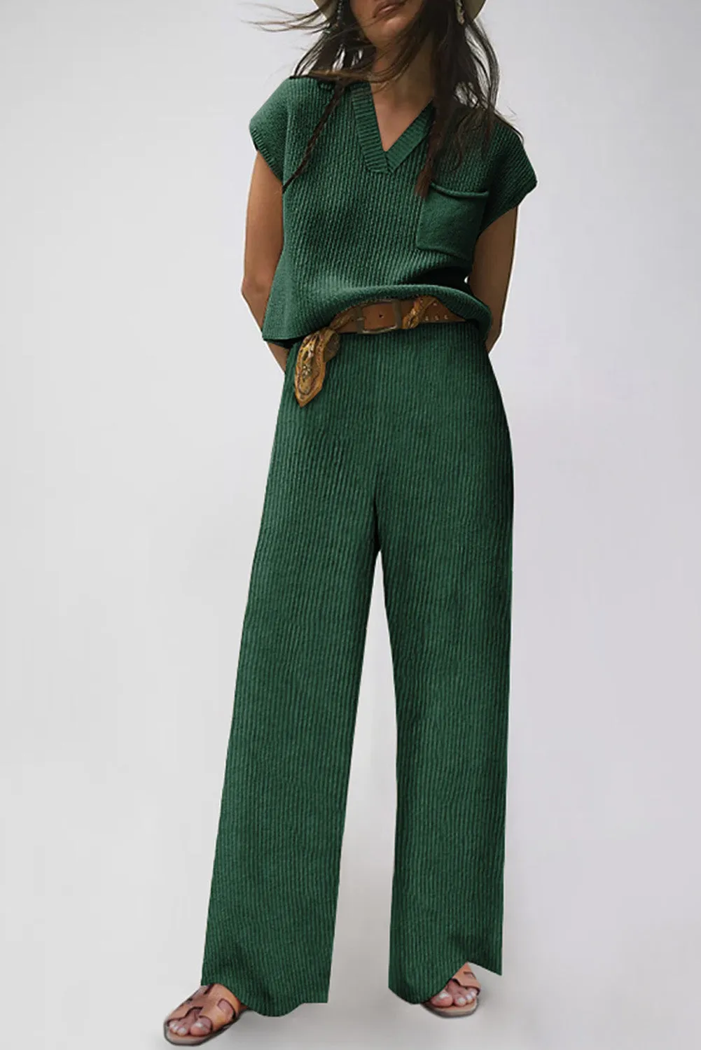 Black Knitted V Neck Sweater and Casual Pants Set