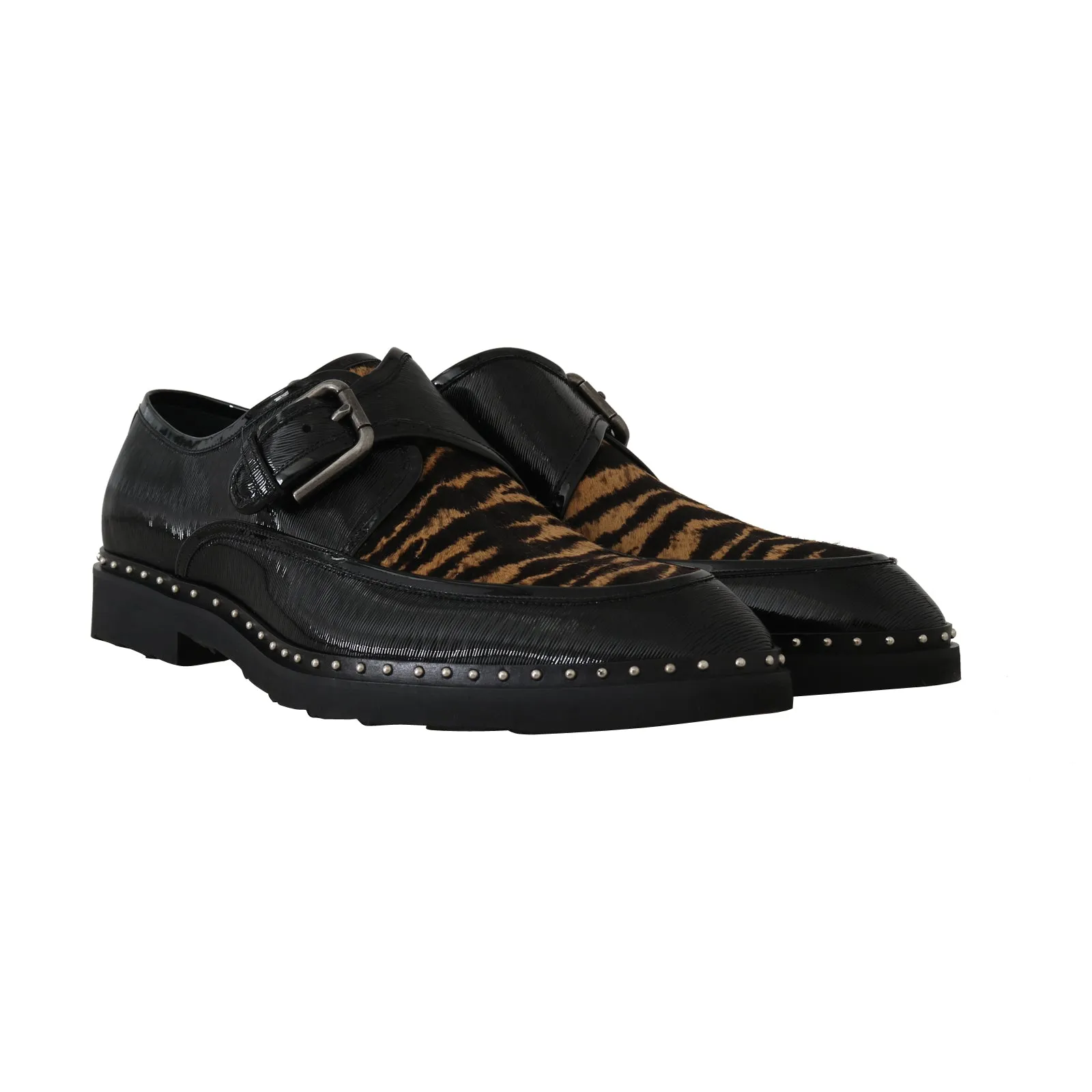 Black Leather Pony Hair Monkstrap Shoes