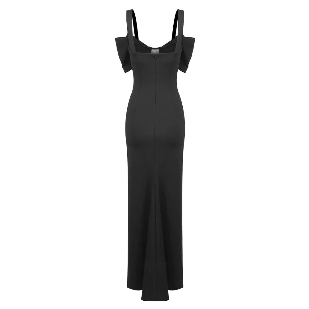 Black Rhinestone Strappy Bow Semi Transparent Formal Dress