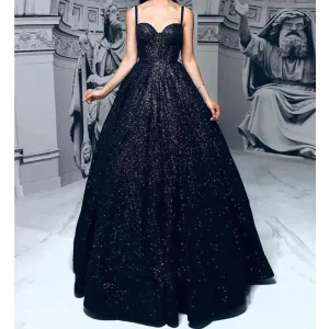 Black Spaghetti Strap Formal Sweetheart Long Prom Dresses, WP016