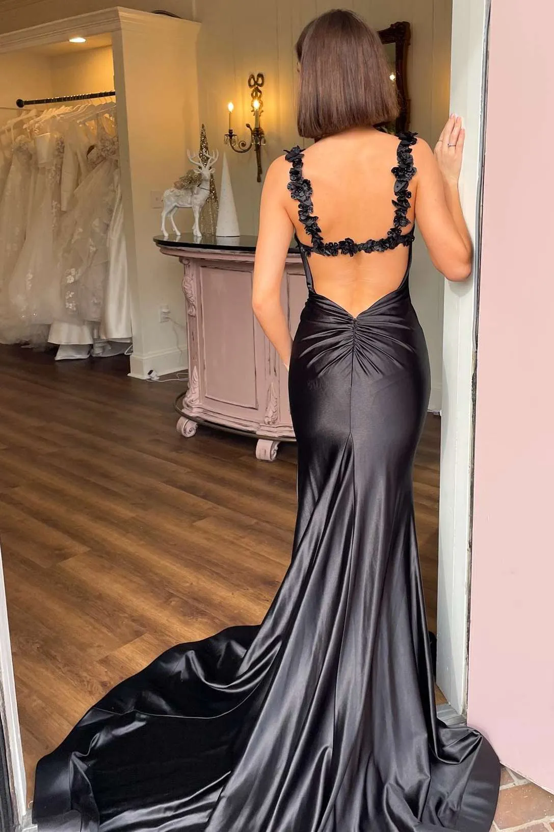 Black Straps Floral Mermaid Long Prom Dress Formal Dress TP1250
