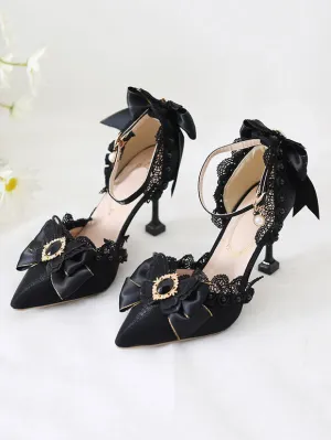 Black Sweet Lolita Ankle Strap Heels Rhinestones Pearls Lace Nubuck Stiletto Heel Lolita Pumps