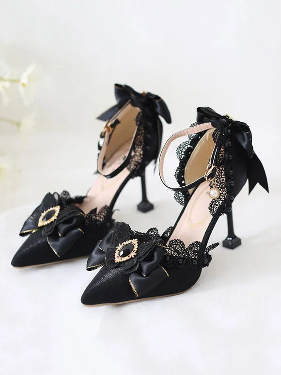 Black Sweet Lolita Ankle Strap Heels Rhinestones Pearls Lace Nubuck Stiletto Heel Lolita Pumps