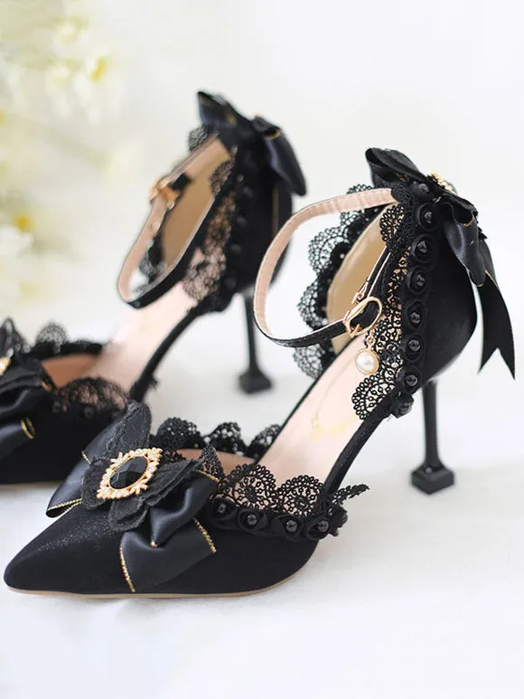 Black Sweet Lolita Ankle Strap Heels Rhinestones Pearls Lace Nubuck Stiletto Heel Lolita Pumps