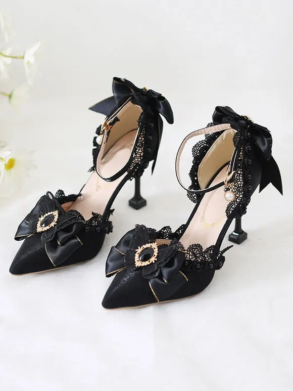 Black Sweet Lolita Ankle Strap Heels Rhinestones Pearls Lace Nubuck Stiletto Heel Lolita Pumps