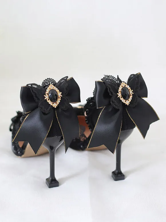 Black Sweet Lolita Ankle Strap Heels Rhinestones Pearls Lace Nubuck Stiletto Heel Lolita Pumps
