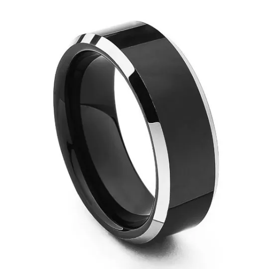 Black Tungsten Ring 8MM Wedding Band Flat Beveled Edges Polished Sizes 5 5.5 6 6.5 7 7.5 8 8.5 9 9.5 10 10.5 11 11.5 12 12.5 13 14 15