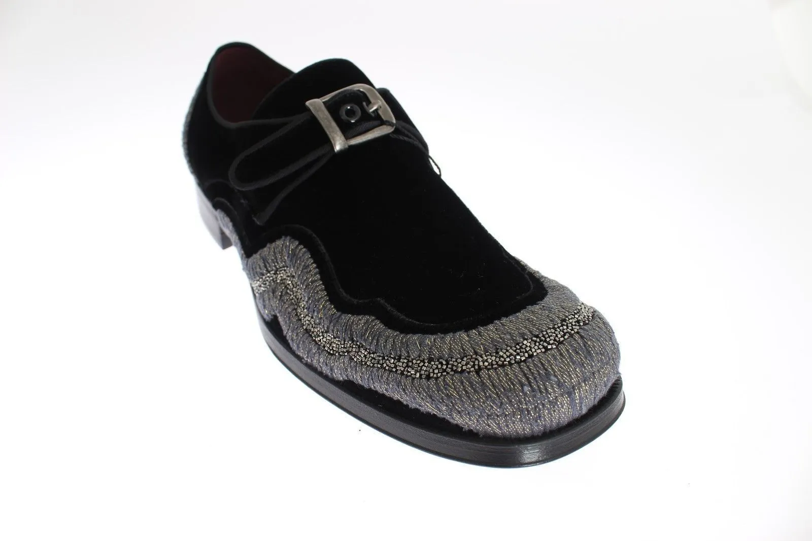 Black Velvet Gray Sequined Baroque Shoes