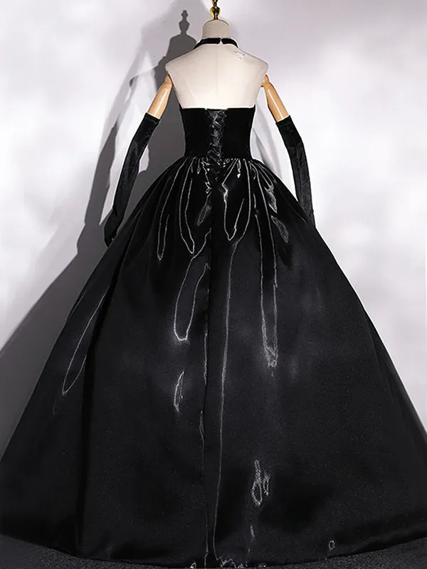 Black Velvet Liquid Satin Top Strapless Sweetheart A-line Long Prom Dress, PD3538