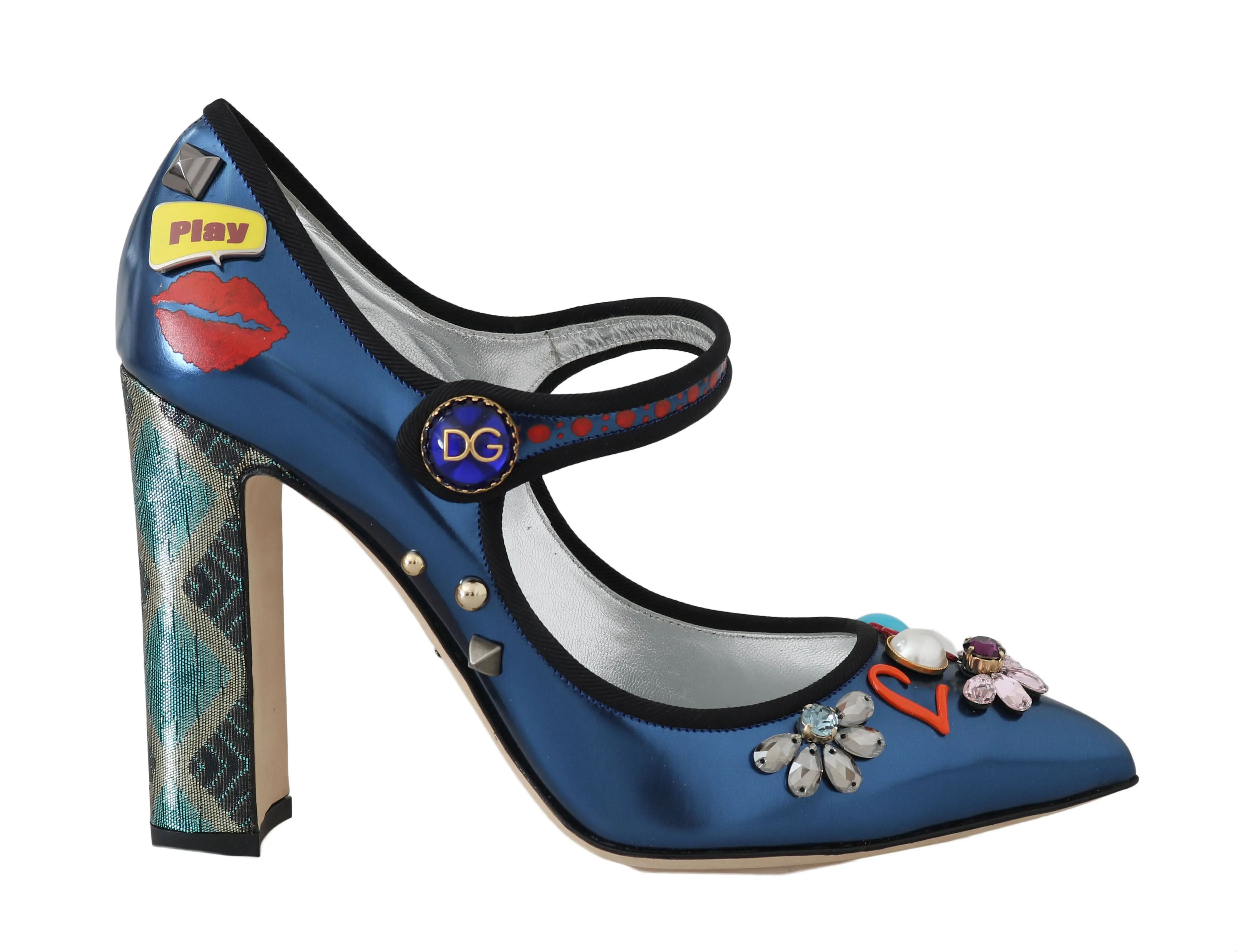 Blue Leather Crystal Mary Jane Pumps
