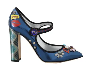 Blue Leather Crystal Mary Jane Pumps