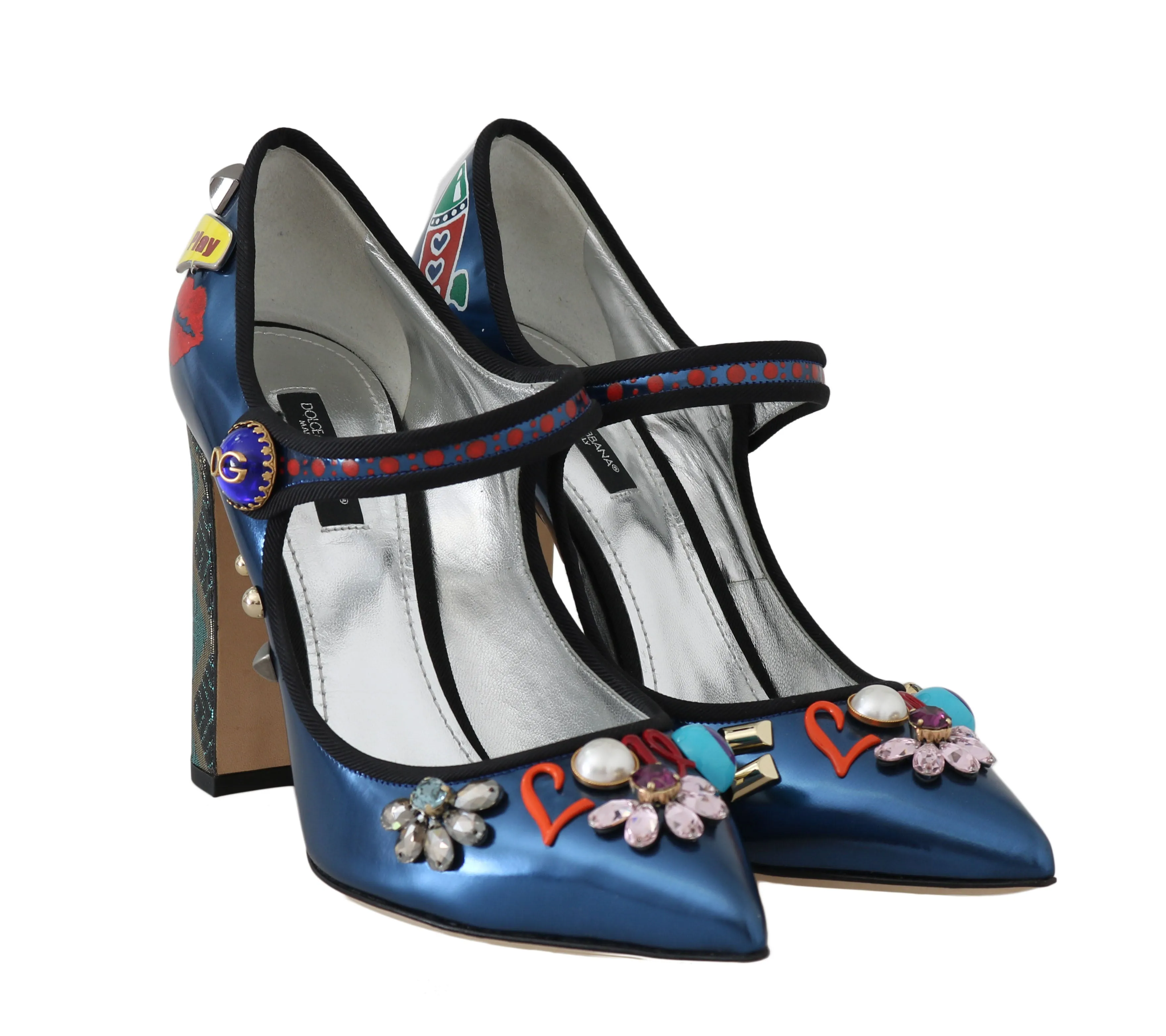 Blue Leather Crystal Mary Jane Pumps