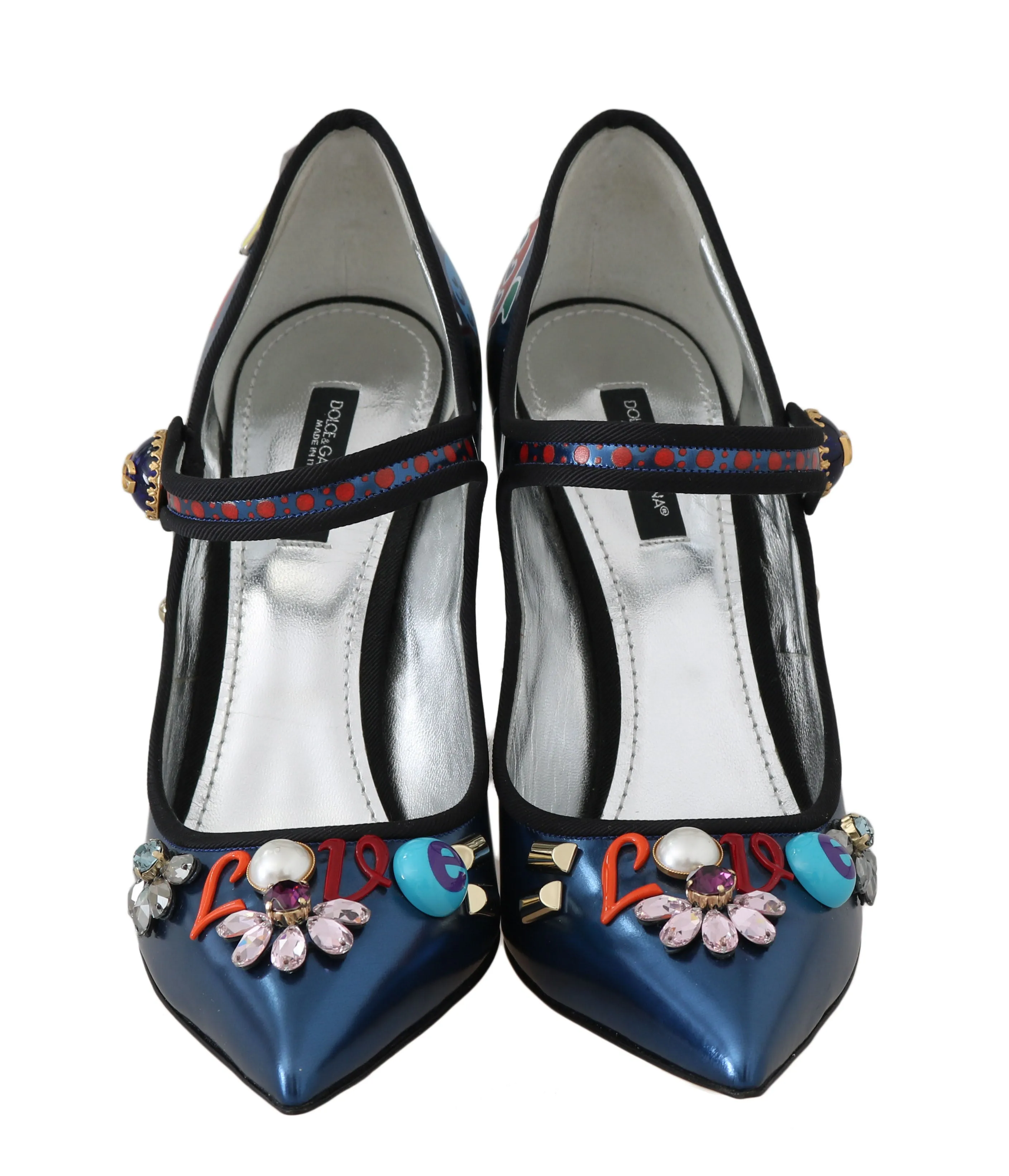 Blue Leather Crystal Mary Jane Pumps
