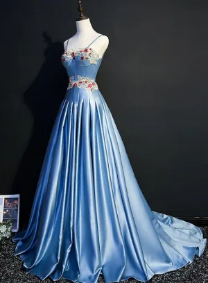 Blue Sweetheart Satin Long Party Gown with Straps, Blue Prom Dress