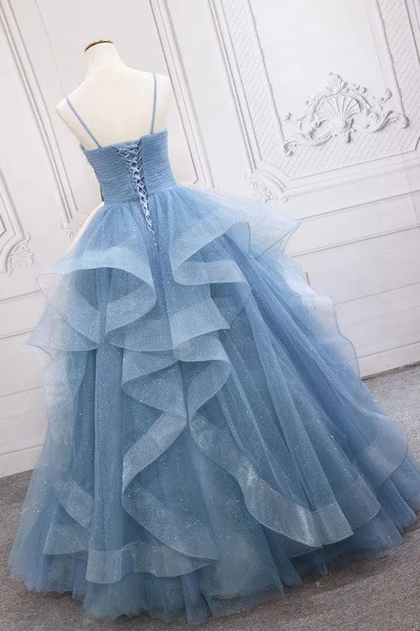 Blue Tulle Sequin Long Prom Dress Blue Tulle Formal Dress  PSK317