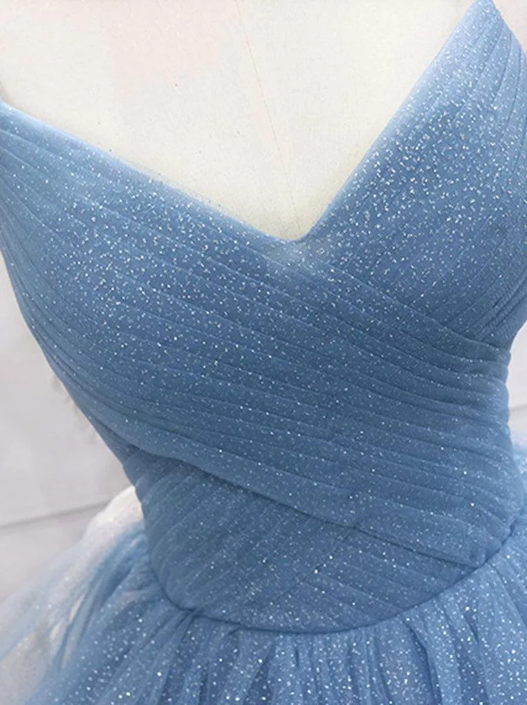 Blue Tulle Sequin Long Prom Dress Blue Tulle Formal Dress  PSK317