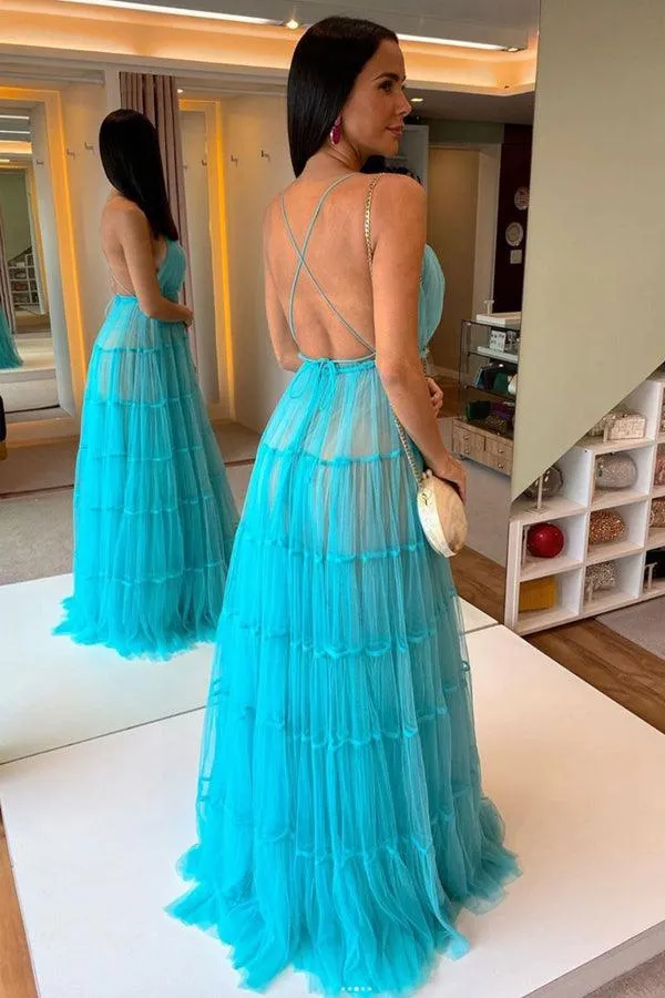 Blue V Neck Tulle Long Prom Dress Blue Tulle Formal Dress TP1152