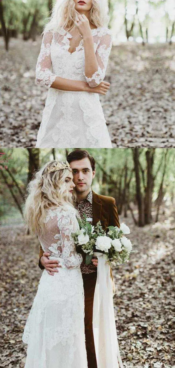 Boho Long Sleeve Luxury Lace Long Beach Wedding Dresses, WD0615