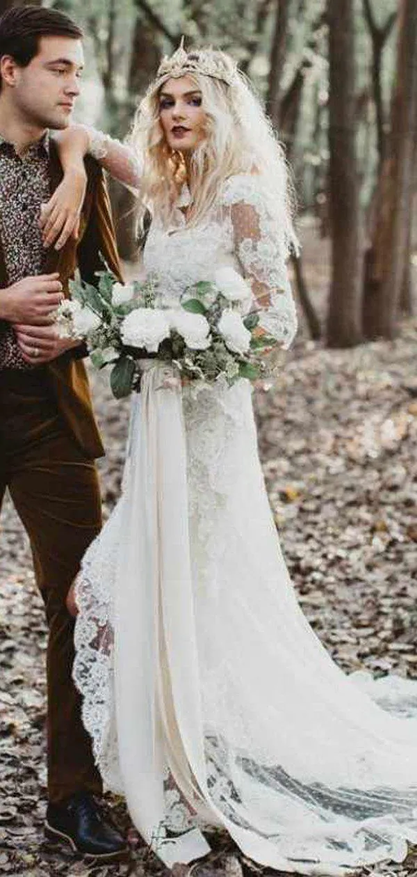 Boho Long Sleeve Luxury Lace Long Beach Wedding Dresses, WD0615