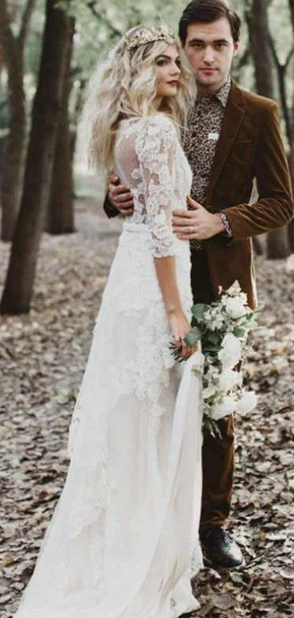 Boho Long Sleeve Luxury Lace Long Beach Wedding Dresses, WD0615
