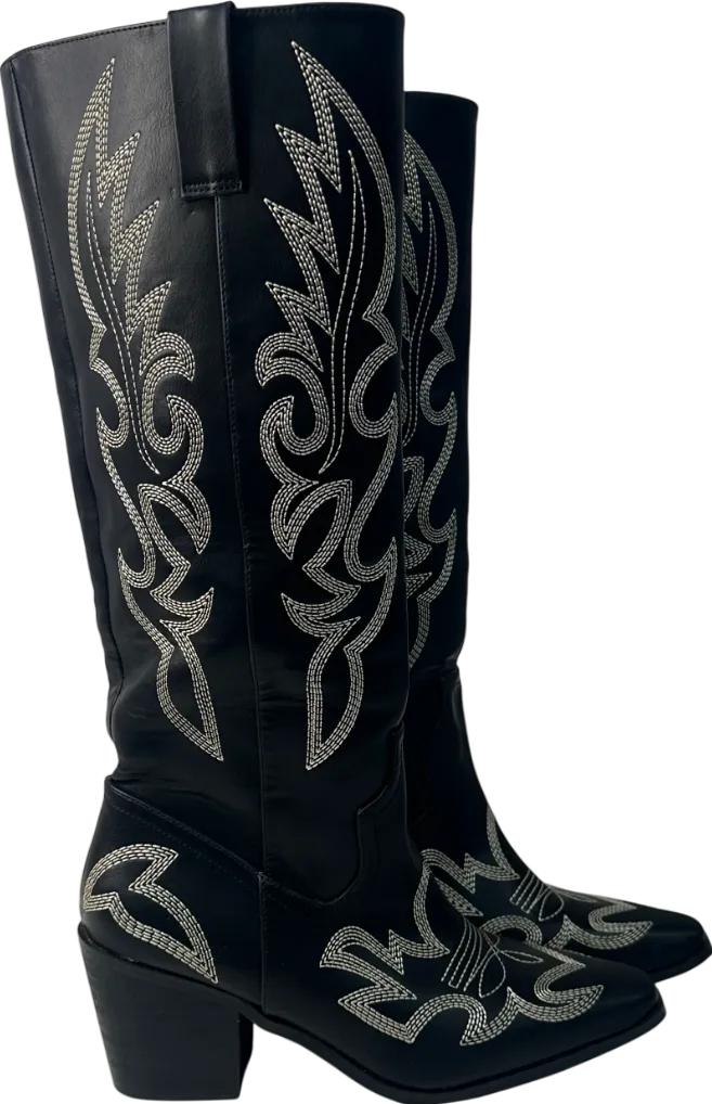 boohoo Black Vintage Look Calf Detail Embroidered Western Cowboy Boots UK 5 EU 38 👠
