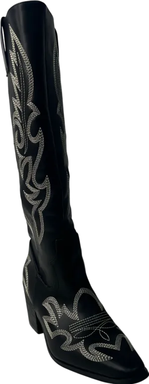 boohoo Black Vintage Look Calf Detail Embroidered Western Cowboy Boots UK 5 EU 38 👠