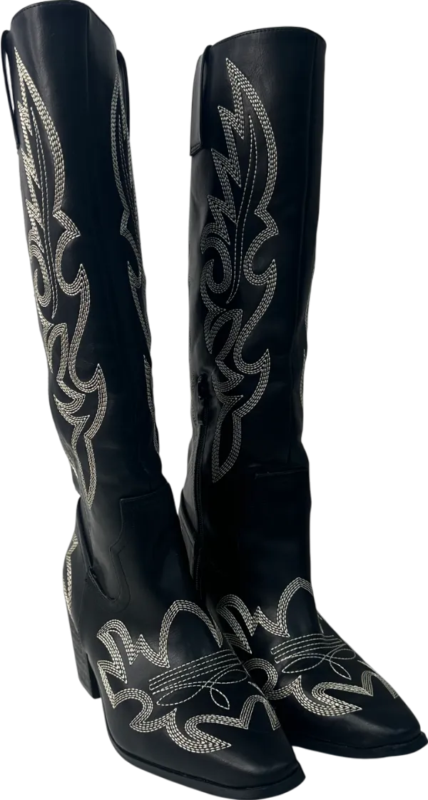 boohoo Black Vintage Look Calf Detail Embroidered Western Cowboy Boots UK 5 EU 38 👠