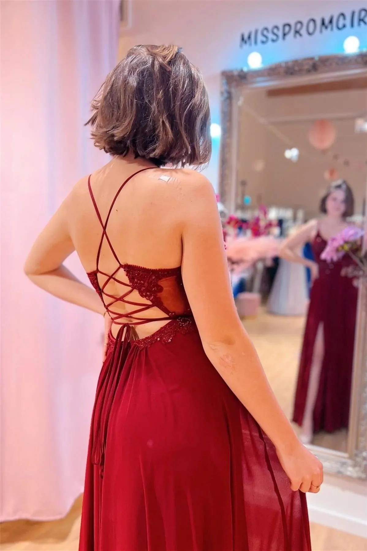 Burgundy Plunging V Neck Beaded Appliques Long Prom Dress with Slit  PSK414