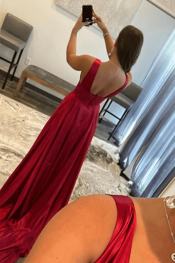 Burgundy V Neck Lace Long Prom Evening Dress with High Slit PSK328