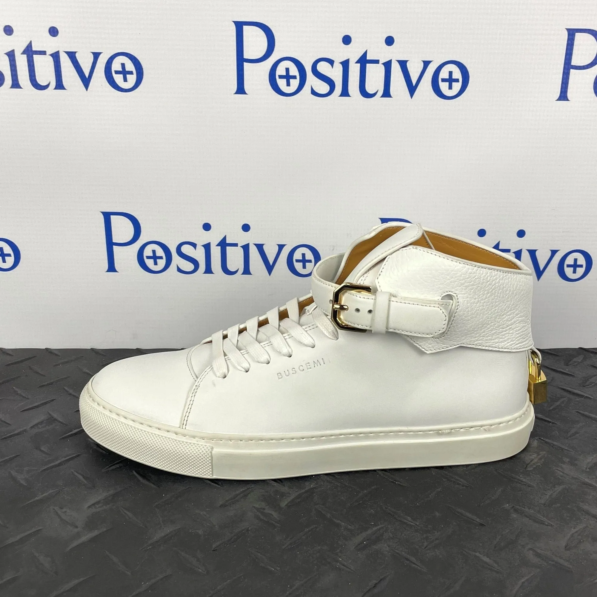 Buscemi Mens 100MM Buckle White Leather Sneakers Sample w/ Defect