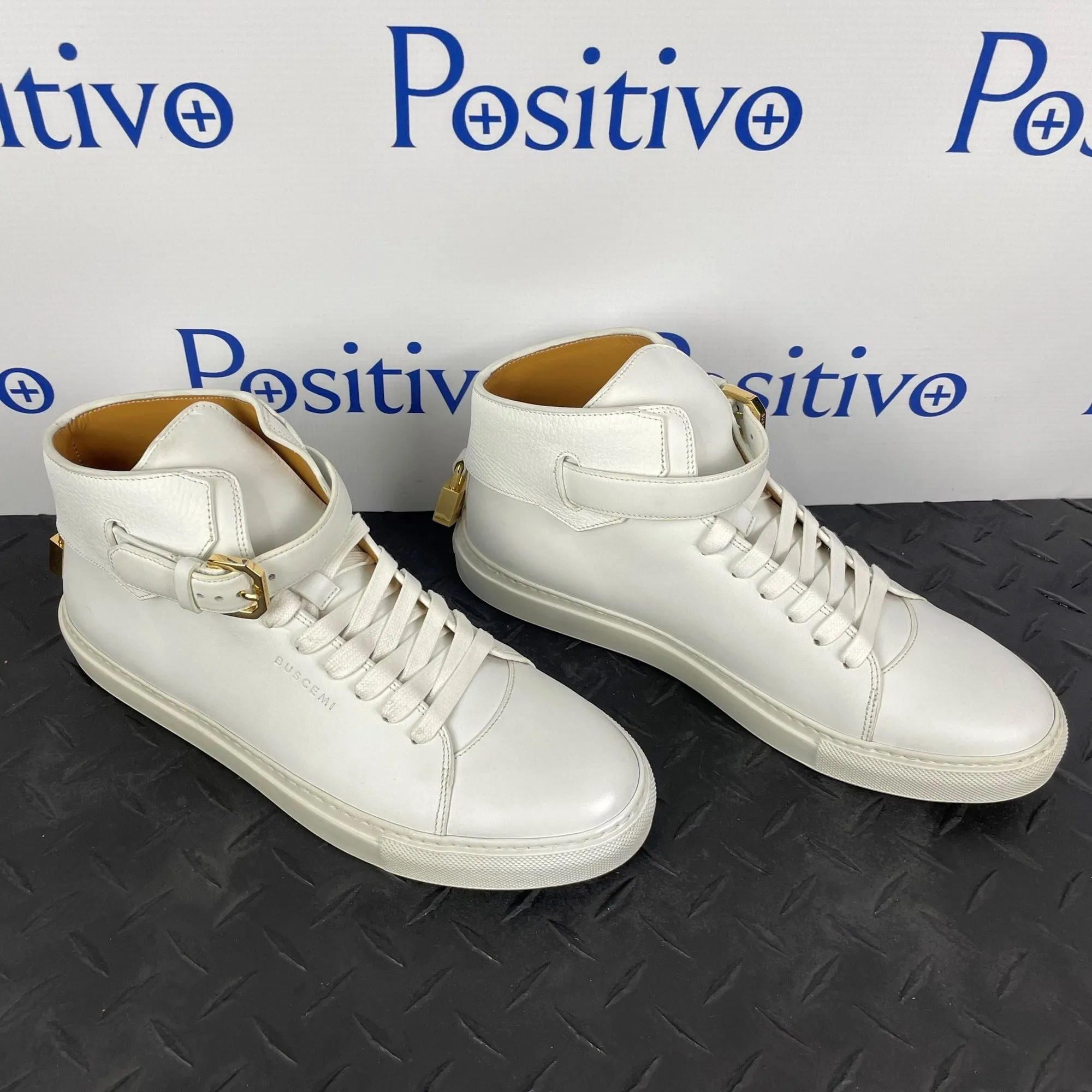 Buscemi Mens 100MM Buckle White Leather Sneakers Sample w/ Defect
