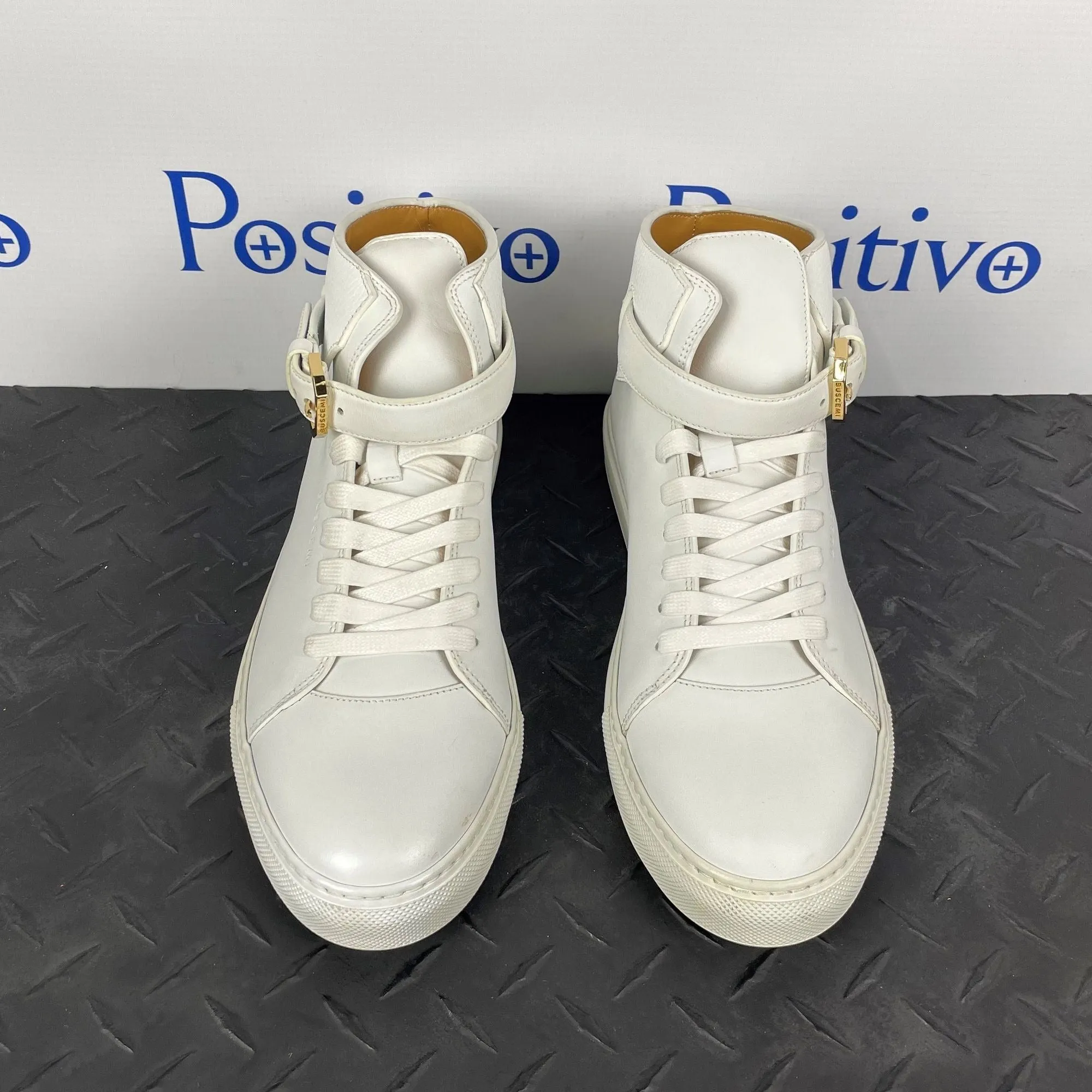 Buscemi Mens 100MM Buckle White Leather Sneakers Sample w/ Defect