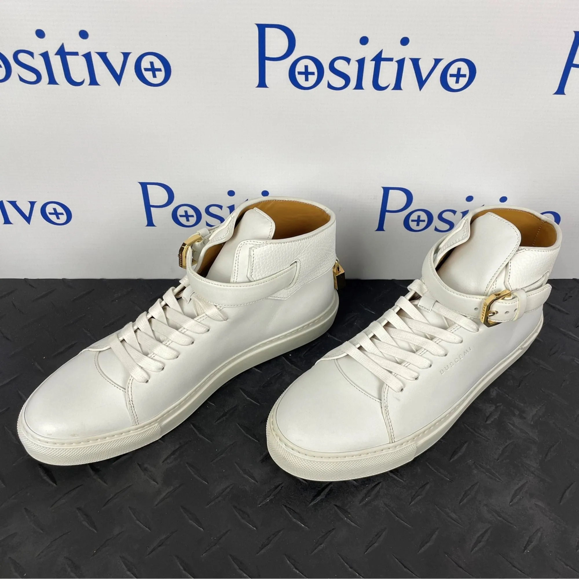 Buscemi Mens 100MM Buckle White Leather Sneakers Sample w/ Defect