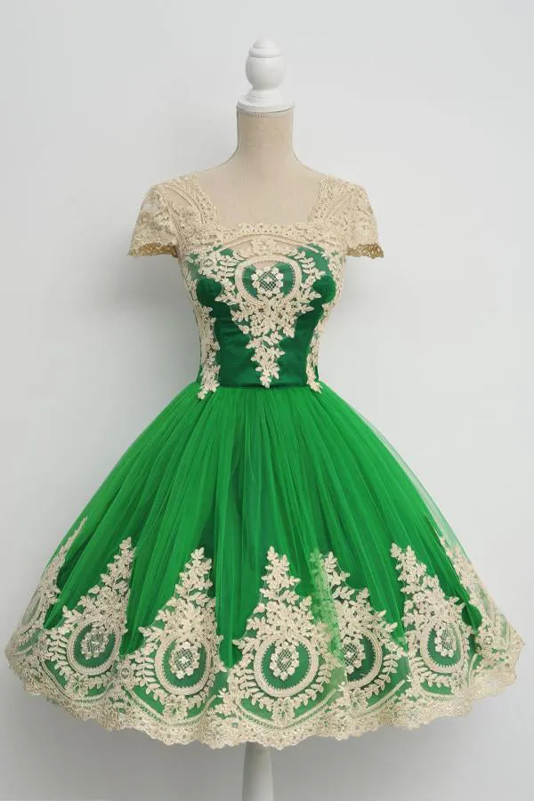 Cap Sleeves Lovely Green Unique Applique Short Homecoming/Prom Dress OK346
