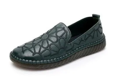 Casual Genuine Leather Flat Shoe Flower Slip On Driving Shoe