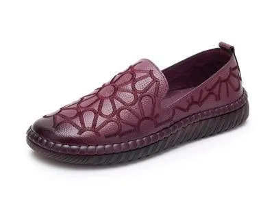 Casual Genuine Leather Flat Shoe Flower Slip On Driving Shoe