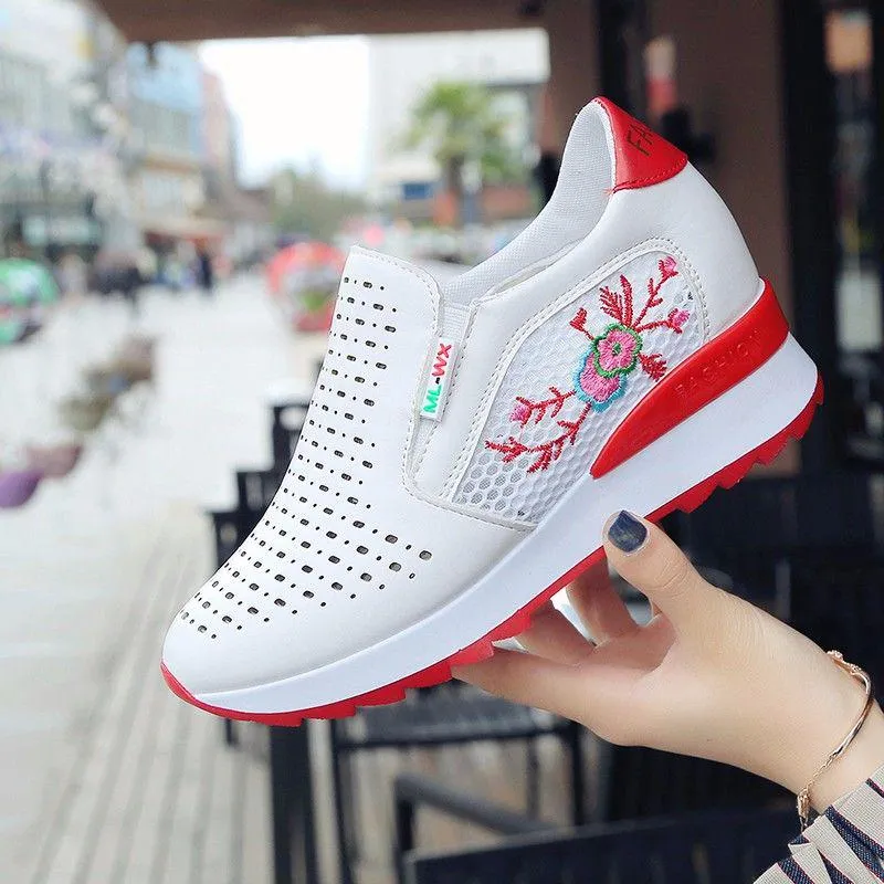 Casual High Heels Loafers Breathable Vulcanize Women Sneakers PU Round Toe Embroider Platform Wedge Tenis Feminino