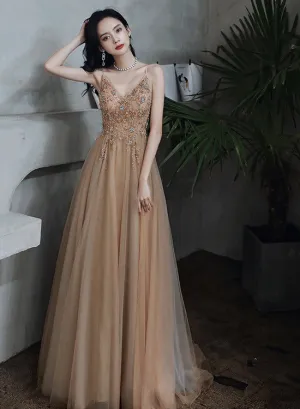 Champagne Beaded V-neckline Spaghetti Strap Tulle Evening Gown, A-line Prom Dress