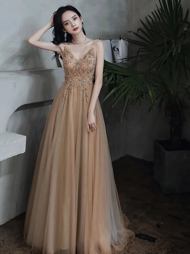 Champagne Beaded V-neckline Spaghetti Strap Tulle Evening Gown, A-line Prom Dress