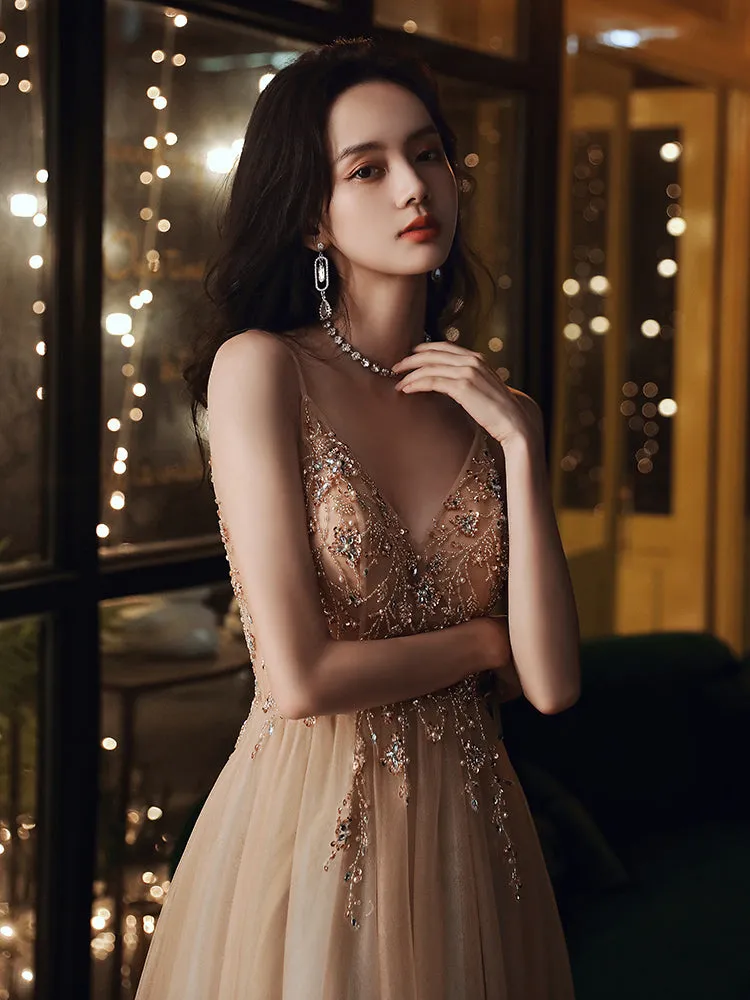 Champagne Beaded V-neckline Spaghetti Strap Tulle Evening Gown, A-line Prom Dress