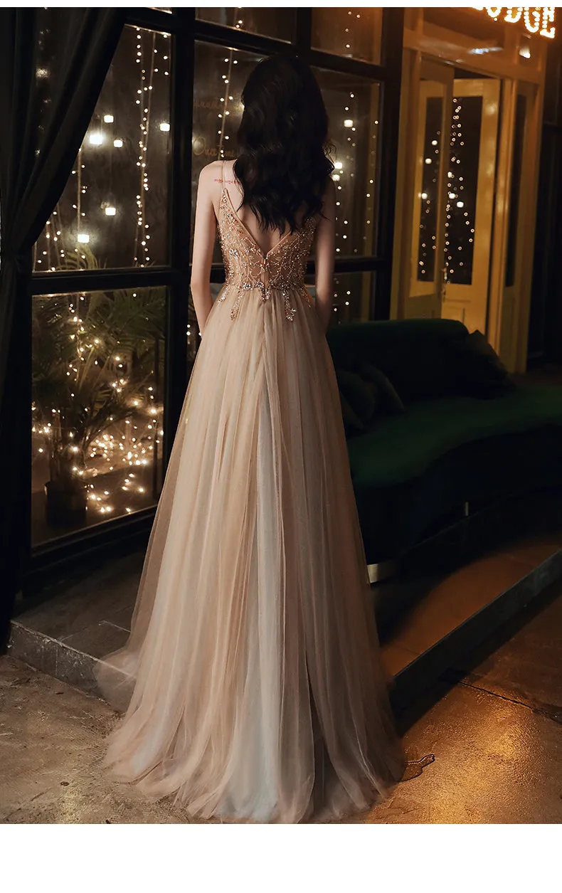 Champagne Beaded V-neckline Spaghetti Strap Tulle Evening Gown, A-line Prom Dress