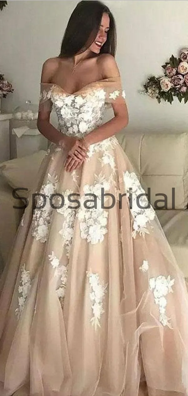 Champagne Off the shoulder A-line Gorgeous Long Wedding Dresses WD0421
