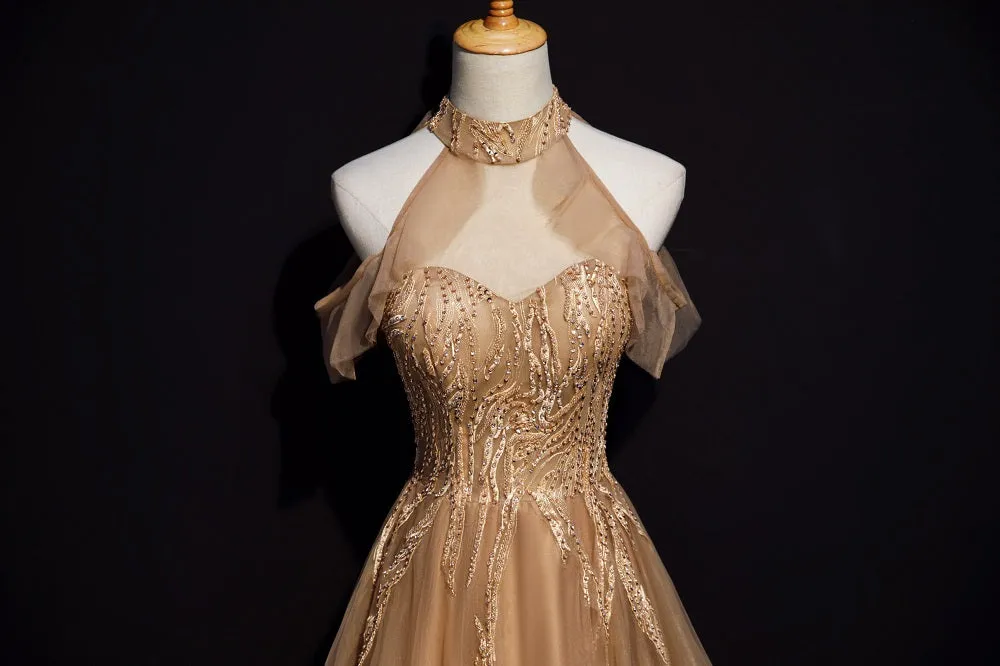 Champagne Tulle Halter Long Party Dress, A-line Formal Gown