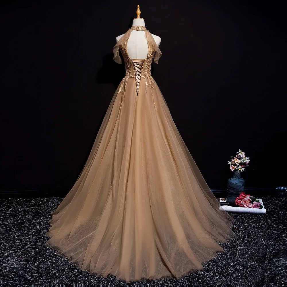 Champagne Tulle Halter Long Party Dress, A-line Formal Gown