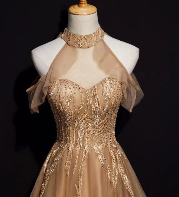 Champagne Tulle Halter Long Party Dress, A-line Formal Gown
