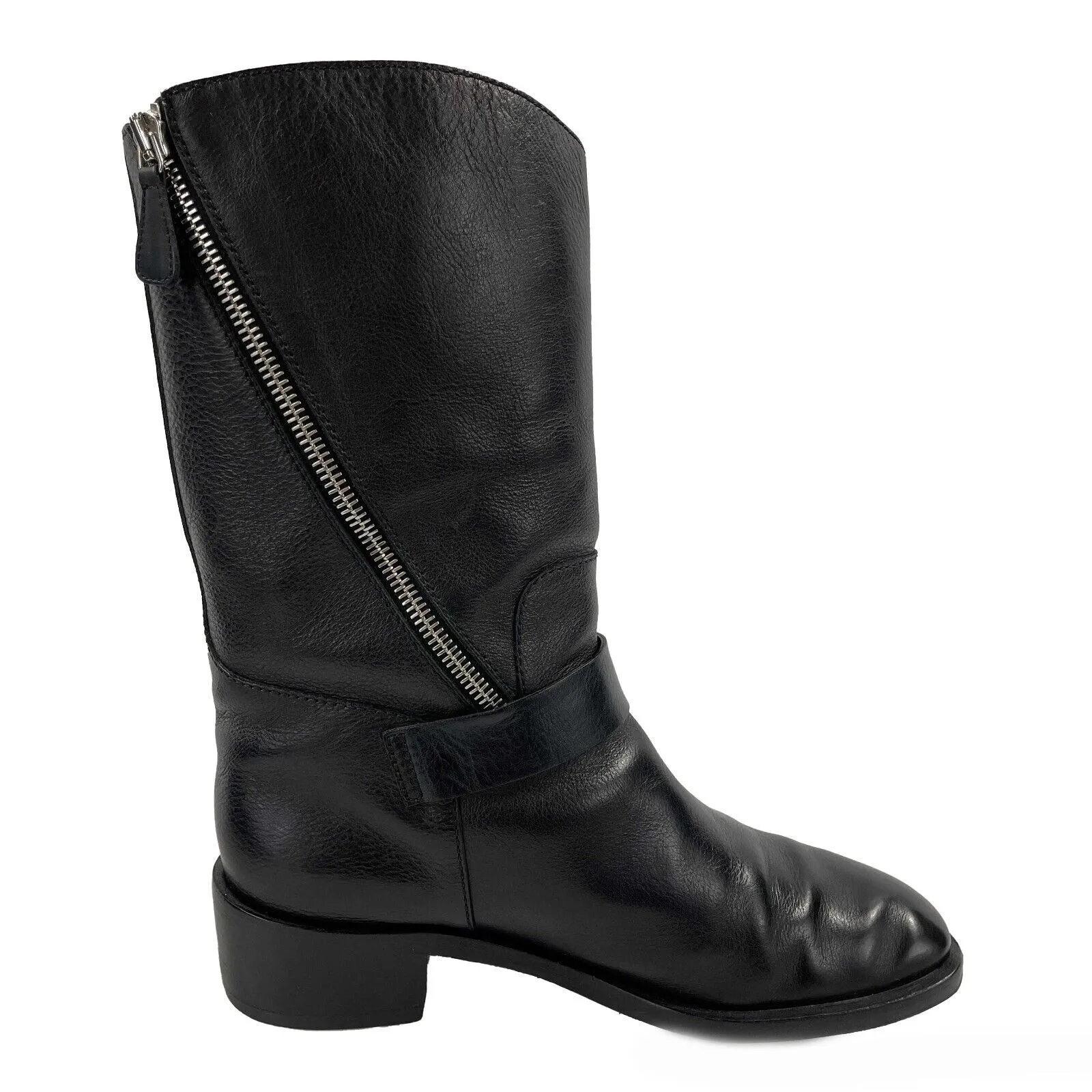 CHANEL - 14B CC Black Leather Buckle Moto Biker Boots - 38 US 8
