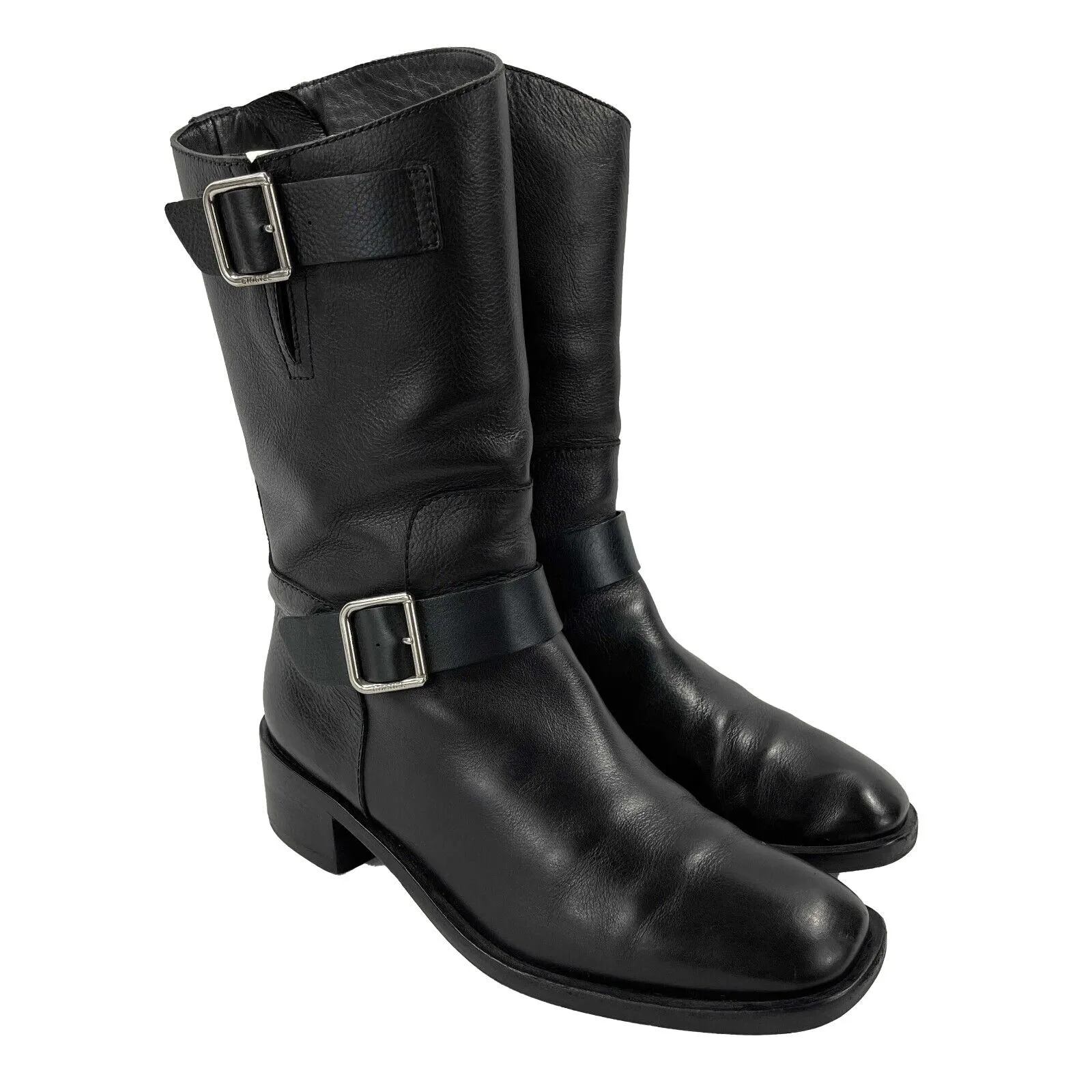CHANEL - 14B CC Black Leather Buckle Moto Biker Boots - 38 US 8